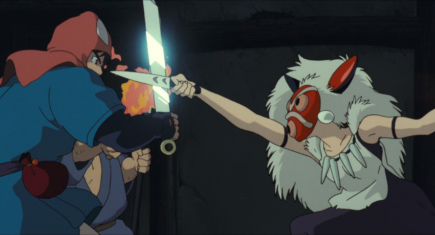 San attempts to stab Prince Ashitaka.